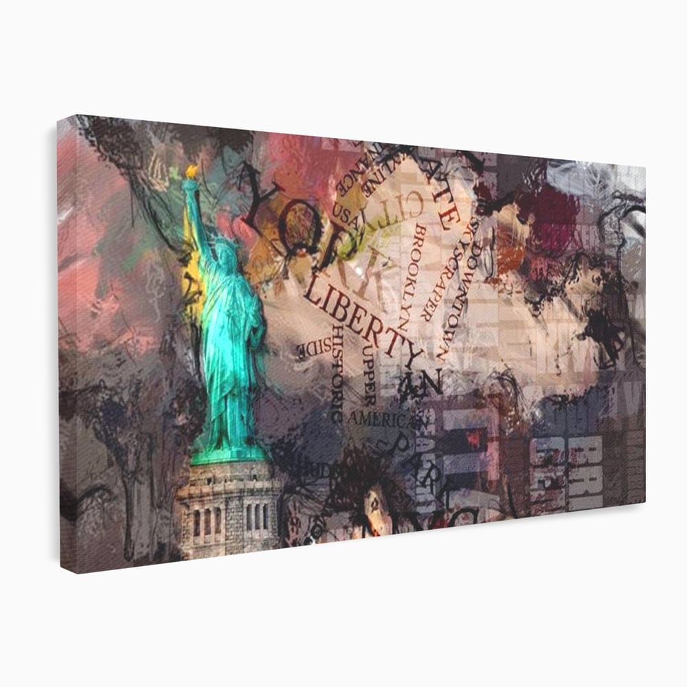 Tablou canvas cu tablou canvas cu statuia libertatii si text, fara rama, pe sasiu de lemn